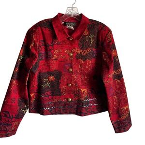 VTG Christina Hope‎ Red Gold Patchwork Art Jacket M Made Hong Kong Cotton Blend